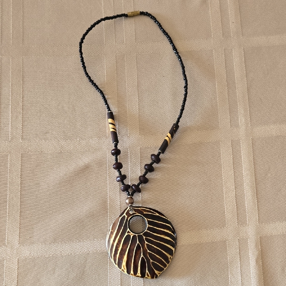 Mali Bead Pendant Necklace- 11"-Black/ Brown/Cream - African Handmade